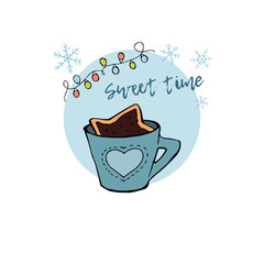 Cute greeting card design with blue cup with chocolate star cookie, snowflakes, garland and phrase Sweet Time. Hand Drawn illustration.