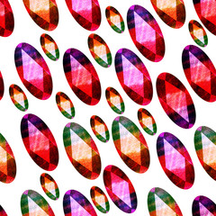 Seamless pattern with bright hand-painted blue, pink, yellow crystals and precious stones, diamonds. Seamless pattern on white. Romantic background for the manufacture of gift paper, wallpaper