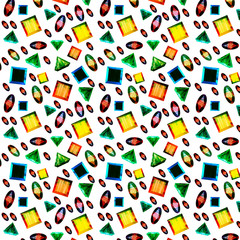 Seamless pattern with bright hand-painted green, blue, yellow crystals and precious stones, diamonds. Seamless pattern on white. Romantic background for gift paper, wallpaper, wedding decor or textile