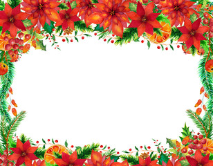 Floral frame of christmas poinsettia and fir trees branch.