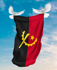 Angolaflag carried by white pigeon with sky background