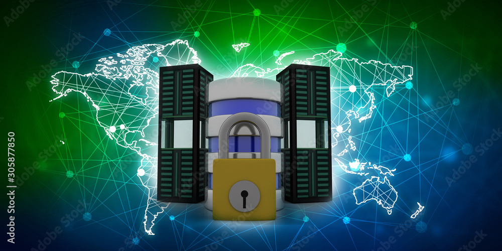 Poster 3d illustration database storage security concept. disk with lock