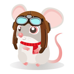 Funny cartoon mouse sitting in a retro leather aviator helmet on a white background. Kids Vector illustration. Rat Symbol of 2020 year by Chinese Horoscope.