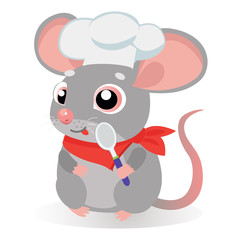 Funny cartoon rat or mouse cook with spoon in a cook hat on a white background. Kids vector cartoon style  illustration. Rat symbol of 2020 year by chinese horoscope.