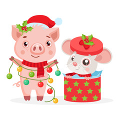 Christmas card with funny mouse, symbol of 2020 year and pig, symbol of 2019. Little Mouse with gift box. Kids Vector Cartoon style illustration.