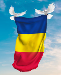 Chad flag carried by white pigeon with sky background