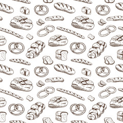 Bakery pattern. Hand drawn bread products on white background. Sketch style. Seamless vector backdrop