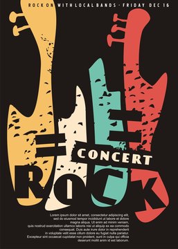 Rock concert abstract artistic poster design. Cubism style colorful guitar shapes on dark background. Conceptual lifestyle vector illustration.