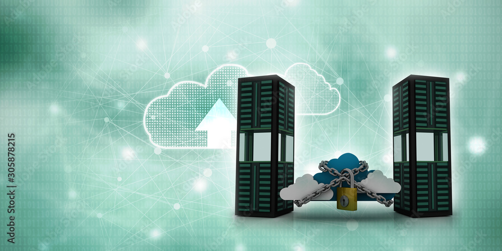 Poster 3d illustration database storage security concept. disk with lock