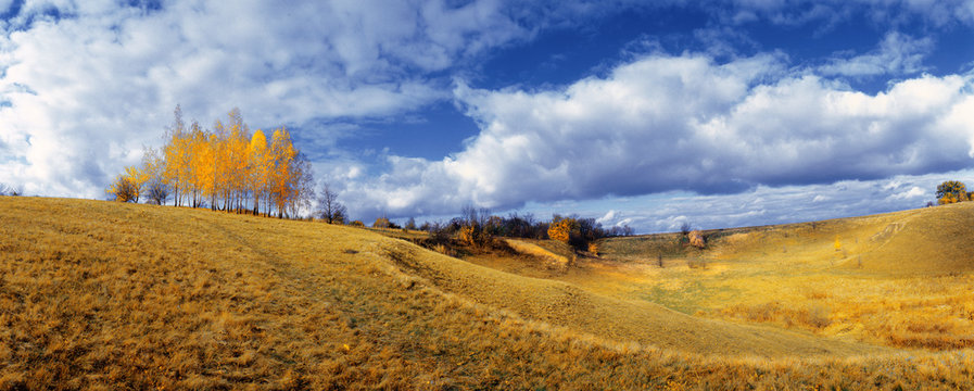 Panoramic view of autumn landscape. Khmeliv village, Romensky district, Sumy region, Ukraine.