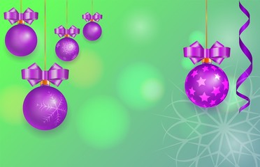 Vector merry christmas greeting card. New year balls decorated ornaments on blurred green color background. Copy space.