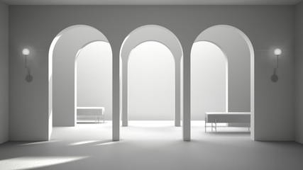 Total white project draft, classic eastern lobby, modern hall with stucco walls, interior design archways, empty space with ceramic tiles, bench, arches background with copy space