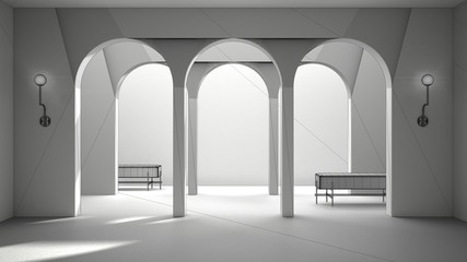 Unfinished project draft of classic eastern lobby, modern hall with stucco walls, interior design archways, empty space with ceramic tiles, bench, sofa, arches background, copy space