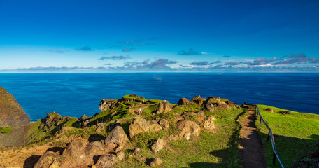 Tourists visit Orongo antique village in Rapa Nui