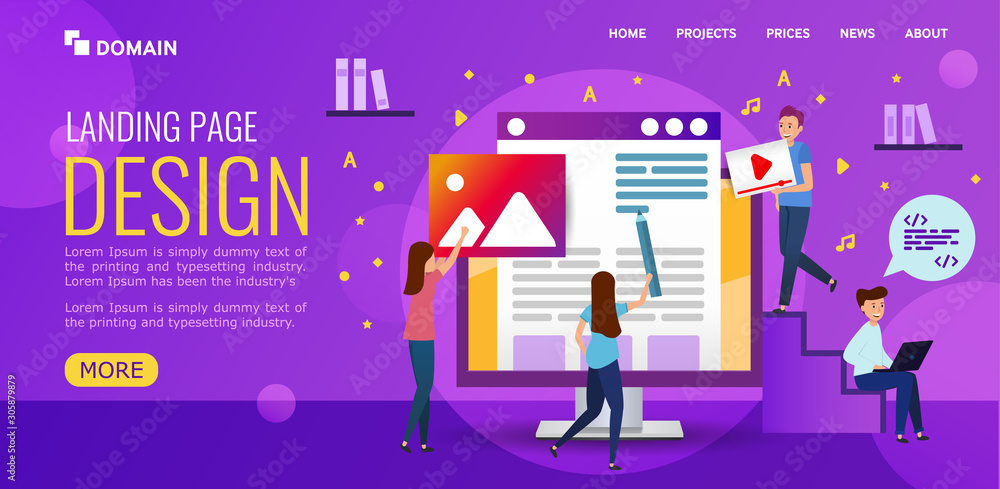 Wall mural illustration design landing page. web design studio develops website design. people draw, code the s