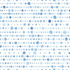 Cute seamless watercolor pattern. Ornament in the style of polka dot. Blue watercolor circles on a white background. Simple striped print for textiles. Vector illustration.