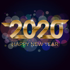 2020 Happy New Year. Banner invitation, party poster glittering stars confetti glitter decoration. Winter holiday greeting card design template with gold text Happy New Year 2020. Vector Illustration.