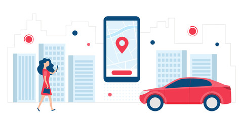 Online Car Sharing, car rental, Taxi, GPS on the city map, Navigation, Location App Concept. Vector illustration with cartoon character and use smartphone
