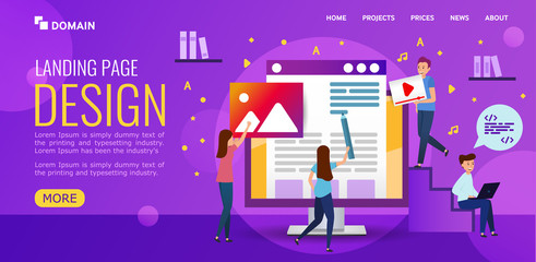 Illustration design Landing page. Web design Studio develops website design. People draw, code the site. Young m n and women on ultraviolet background.