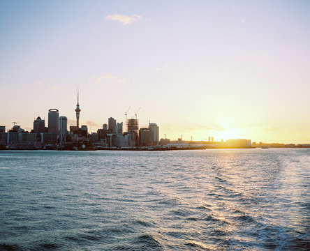 View of Auckland skyline at sunset