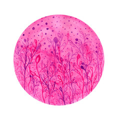 Pink and purple watercolor circle with branches, petals and flowers on it on white background. Hand drawing round romantic illustration.