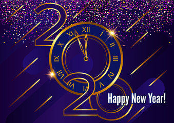 Greeting card 2020 happy new year. Christmas flying sparks on dark background. Modern futuristic style with chaotic gold stripes.