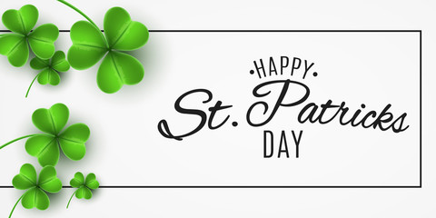 Banner for Saint Patricks Day. Realistic green clovers and stylish letternig in frame. Club and DJ name. Vector illustration.