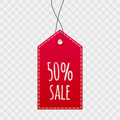 Up to 50% shopping tag for sale. Vector isolated icon on transparent background. Sign for label, price, best offer, advertisement