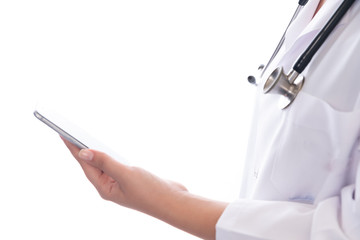 Portrait of female doctor using her digital tablet on white background