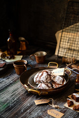 chocolate christmas crinkle cookies in copper plates
