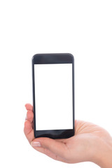 Fototapeta na wymiar Smartphone with a blank white screen. New popular smartphone in hand on white background
