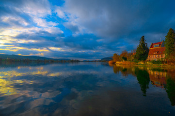 In the evening on Lake Constance near the castle Oberstaad. Autumn.