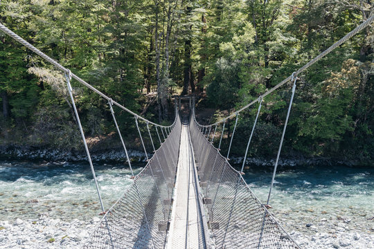 Swing bridge crosses clear river into native New Zealand bush