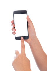 Smartphone with a blank white screen. New popular smartphone in hand on white background