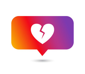 Social media hiding likes vector concept. Broken heart icon on colorful comment sign. 