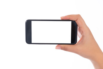 Smartphone with a blank white screen. New popular smartphone in hand on white background