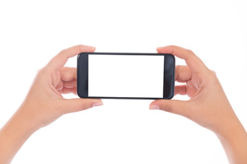 Smartphone with a blank white screen. New popular smartphone in hand on white background