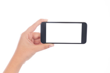 Smartphone with a blank white screen. New popular smartphone in hand on white background
