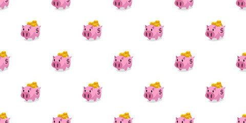 Vector pink piggy bank with money coins seamless pattern background cartoon style for design.