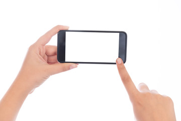 Smartphone with a blank white screen. New popular smartphone in hand on white background