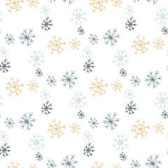 Christmas and New Year. Gold, light blue and navy blue snowflakes. Seamless vector pattern on a white background.