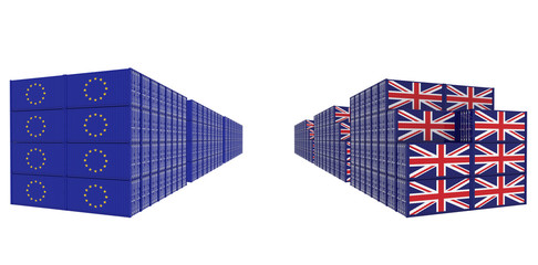 3D Illustration of two group Cargo Containers with United Kingdom and European Union Flag on white background. Delivery, transportation, shipping freight transportation.