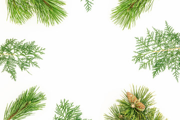 Christmas frame of tree branches on white background. New Year background. Flat lay