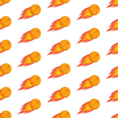 Fototapeta premium Seamless pattern of basketballs. Sports background in vector. A flying ball leaves a trail of fire. Flat style. For processing any surface, packaging, fabrics, textiles,