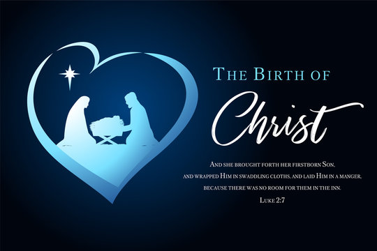 Christmas scene of baby Jesus in the manger with Mary and Joseph silhouette in heart. Christian Nativity with lettering The Birth of Christ and Bible text Luke 2, 7, vector banner