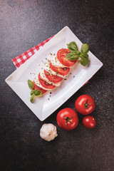 mozzarella and tomato caprese salad with basil on a white plate close-up
