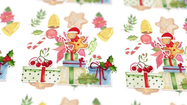 Abstract background with hand drawn watercolor christmas gift boxes. Seamless looping 4K footage.
