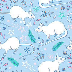 Christmas or New year seamless pattern with cute mice. Mouse. 2020 Winter background with mouse. Rat horoscope sign. Chinese year of Rat 2020. Happy New Year. Concept image of symbol chinese new year