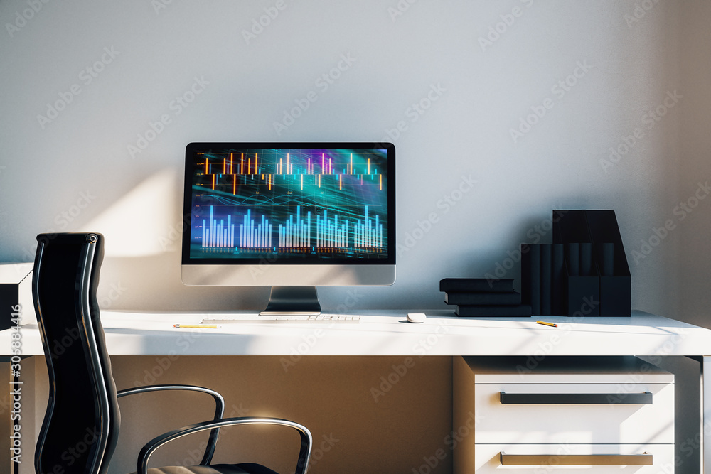 Poster cabinet desktop interior with financial charts and graphs on computer screen. concept of stock marke