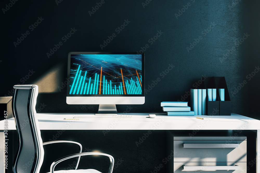 Aufkleber cabinet desktop interior with financial charts and graphs on computer screen. concept of stock marke